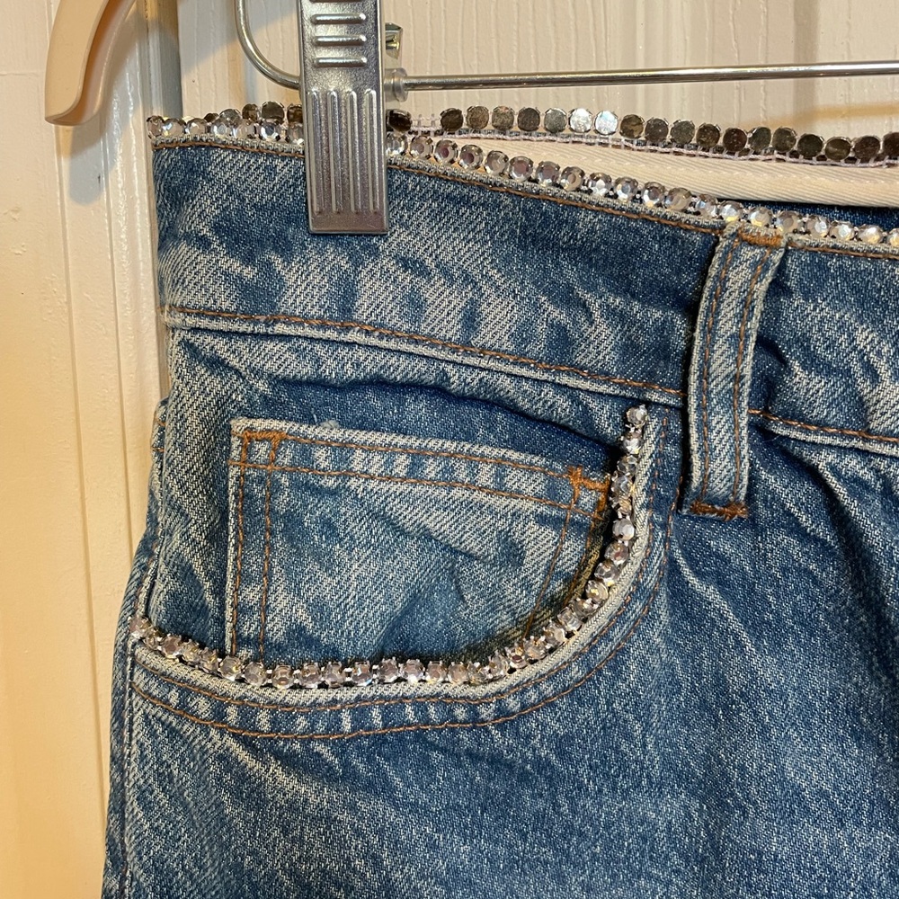 REFORMATION STARDUST HIGH RISE STRAIGHT BEDAZZLED STUDDED JEANS
